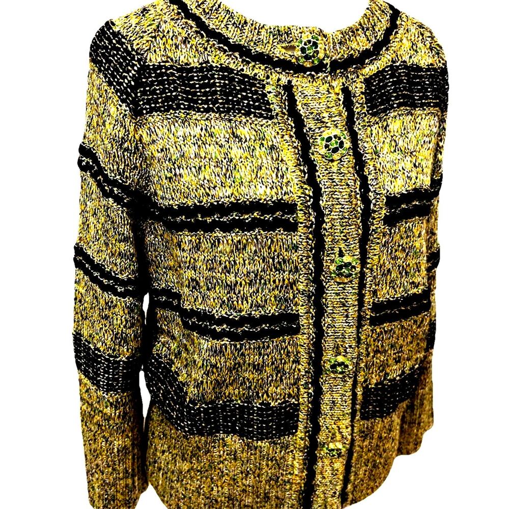 St. John Couture Cardigan Green Stripe Knit Sweater Rhinestone Designer Luxury S